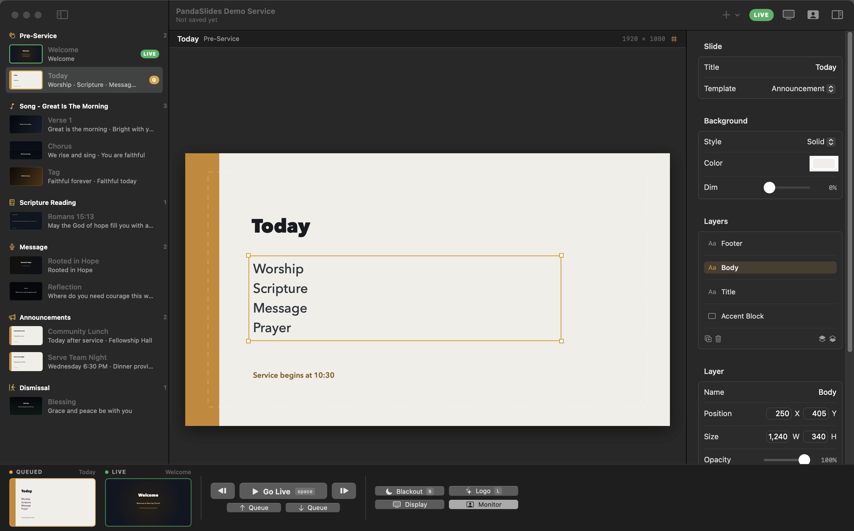 PandaSlides editor in dark mode with rundown, slide canvas, and live controls