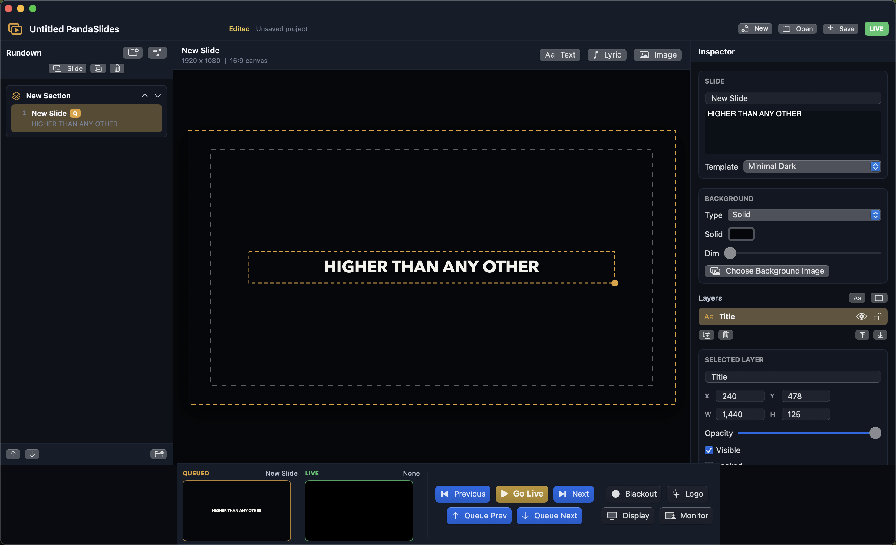 PandaSlides editor with rundown, slide canvas, and live controls