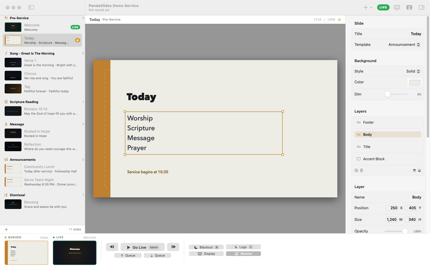 PandaSlides editor in light mode with rundown, slide canvas, and live controls